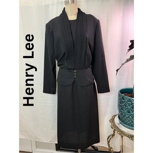 Henry Lee Black Pleated Shawl Collar Midi Dress Suit Set Size 16 Elegant
